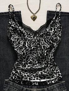 Top de camisola con parches de encaje y estampado de leopardo sexy para vacaciones de verano - Blanco y Negro - Ver 2