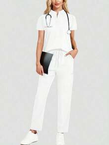 Conjunto de uniforme azul marino para mujer, hecho de tela de alta calidad y transpirable, adecuado para deportes, enfermería y trabajo, con bolsillos, perneras acampanadas, conjunto de uniforme de moda, adecuado para clínicas dentales, conjunto de unifor - Blanco - Ver 1