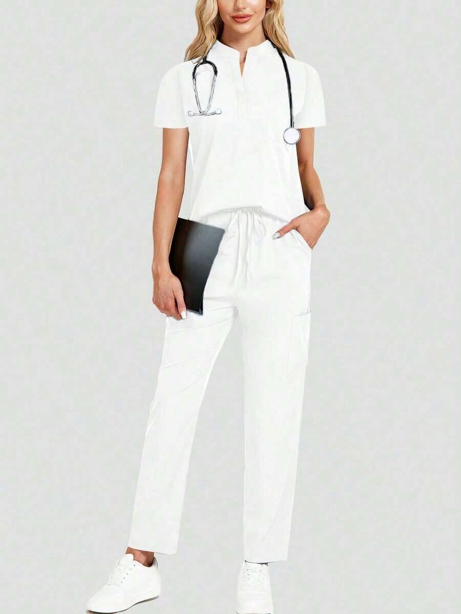 Conjunto de uniforme azul marino para mujer, hecho de tela de alta calidad y transpirable, adecuado para deportes, enfermería y trabajo, con bolsillos, perneras acampanadas, conjunto de uniforme de moda, adecuado para clínicas dentales, conjunto de unifor - Blanco - Ver 1