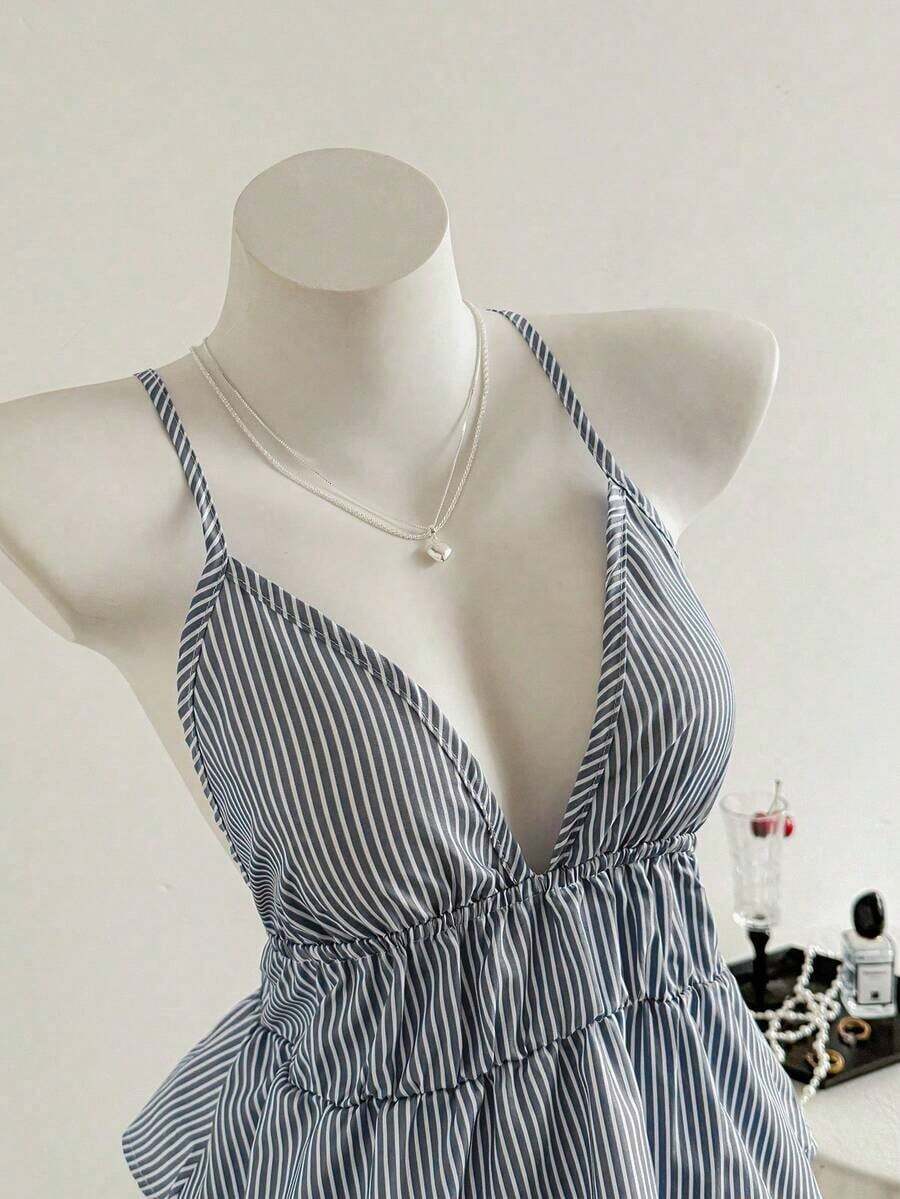 Top halter sin espalda casual a rayas, verano - Gris - Ver 1