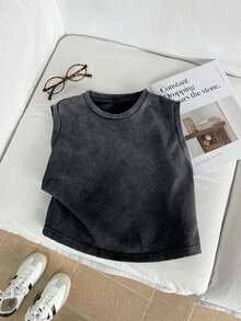 62% Algodón Camiseta de tirantes corta con cuello redondo y estampado de copos de nieve para mujer, adecuada para el verano - Negro 6 - Ver 8