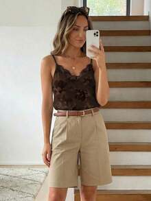 Camiseta de mujer de unicolor con encaje de contraste, suelta.Outfit casual de mujer, ideas de outfit, de outfit, outfits de verano de mujer, blusas de mujer para el verano, top de verano de mujer, top marrón de tirantes - Multicolor 3 - Ver 7