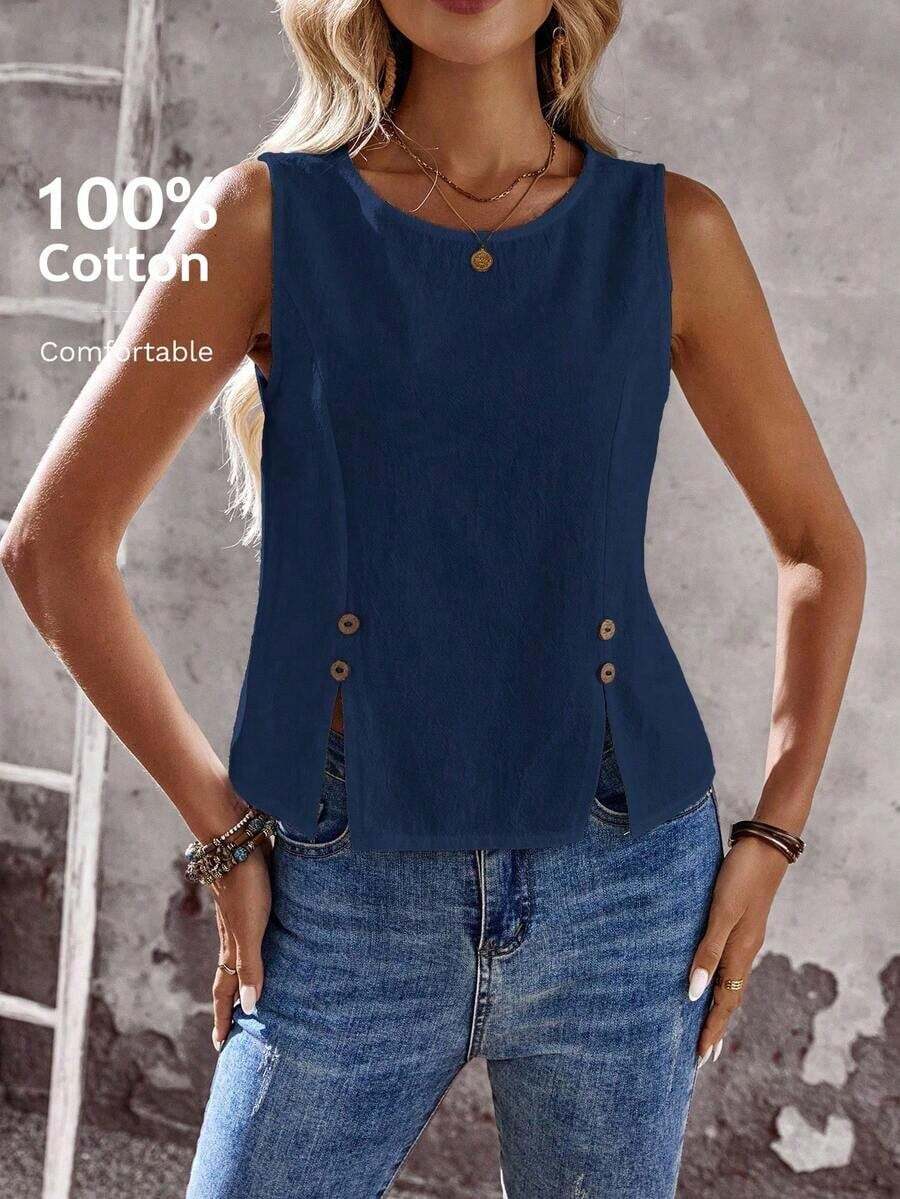 Camisa sin mangas de unicolor con diseño de botones para mujer - Azul marino - Ver 1