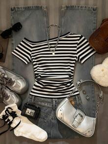 Camiseta de mujer con cuello asimétrico y estampado de leopardo, moda de verano - Blanco y Negro - Ver 2