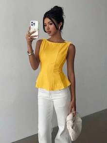 sin mangas elegante para ir a la oficina, diseño minimalista, casual de negocios para mujer, ropa de oficina, salir, para maestras, blusa casual para mujer, blusa social para mujer - amarillo ganso - Ver 6