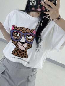 Camiseta de mujer con estampado grande de retrato de leopardo, cuello redondo suelto, manga corta, color blanco, camiseta gráfica oversize de primavera/verano - Blanco - Ver 5