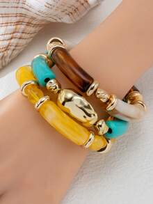 3pcs/Set Bohemian Style Asymmetrical Beaded Bracelet, Gold Spacer Bead Stacking Design - Multicolor - View 2