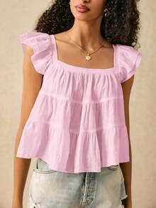 Blusa informal de mujer con volantes en el borde de unicolor - Rosa Pálido - Ver 6