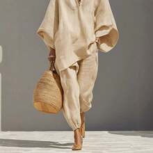 Women's Plus Size Summer Outfit, Simple And Modern Design, Casual Beach Vacation Fashion, Comfortable And Cool Outfit For Sunny Days, Feminine And Elegant Look - 米色 - 查看 3