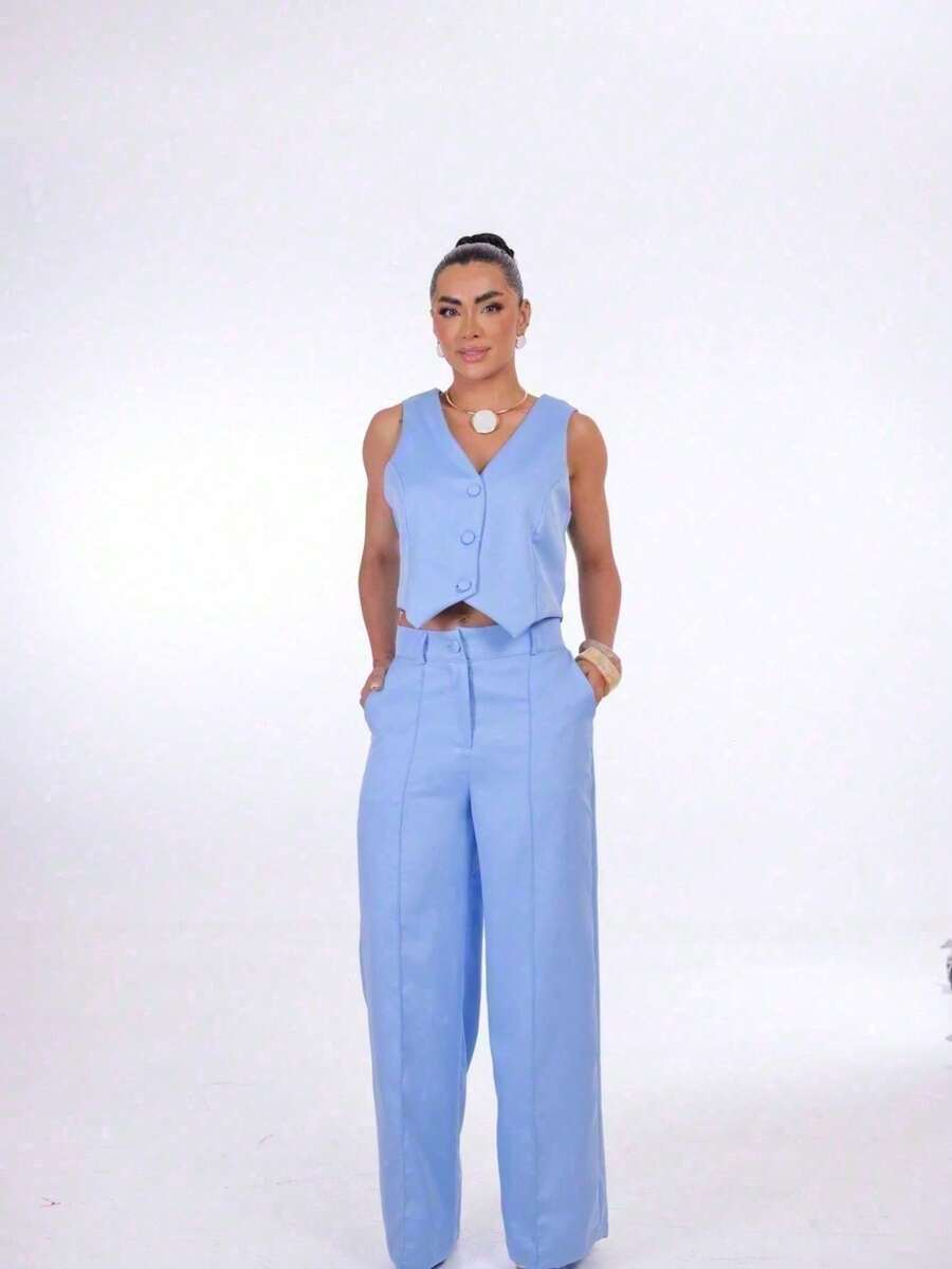 Wide-Leg Pants By Alntaria Risco Calca111114 - Baby Blue - View 1