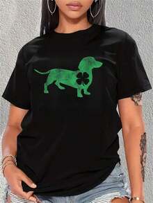 Dachshund Dog Shamrock's Day Saint Paddy's Irish Women Women Kids-Shirt woman Todo tipo de impresiones, chaqueta, camiseta de cuello redondo, casual, para oficina, para viajar, muy popular, viento deportivo, estampado/patrón, camiseta de algodón 100%, camiseta casual, cómoda, suave, transpirable The latest popular bestseller - Negro - Ver 7