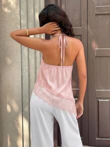 Top sexy casual de mujer con tirantes finos sin mangas, camisola de satén con dobladillo asimétrico de malla, para vacaciones, despedidas de soltero y fiestas de cumpleaños, rosa de verano - Rosa - Ver 2