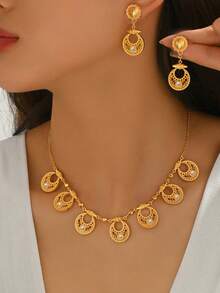 3pcs Vintage Palace Style Hollow Geometric Necklace & Earrings Luxury Jewelry Set, Suitable For Women's Party Wear - Gold - View 6