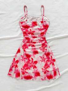 Vestido mini de tirantes finos con línea A, con estampado floral romántico rosa, apropiado para fiesta, cita, Día de San Valentín, Pascua, carnaval, crucero de playa, té de la tarde, moda de primavera/verano - Rojo y blanco - Ver 2