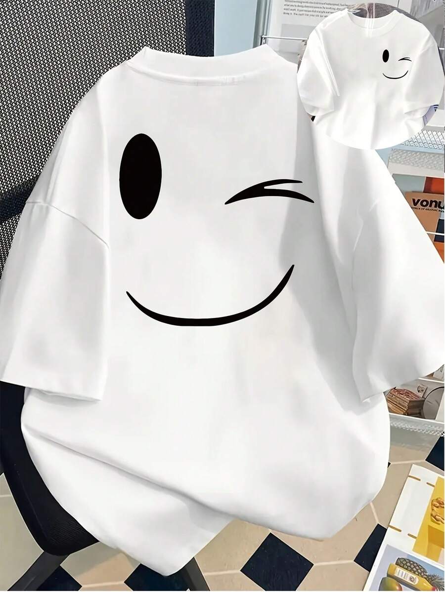Camiseta con Estampado de Cara Sonriente y Guiño, Manga Corta, Cuello Redondo, Estilo Casual para Primavera y Verano, Ropa de Mujer, Camiseta Y2k - Negro - Ver 1