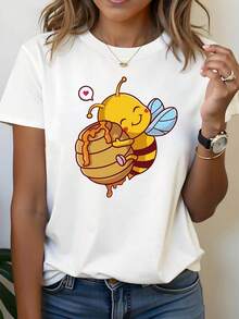 Linda abeja abrazando una camiseta de mujer con impresión del corazón de la colmena para las salidas de primavera, top de manga corta juguetón y encantador para el uso diario - Blanco - Ver 2