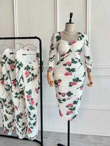 Vestido midi cuello cuadrado estampado estilo corte real vintage otoño 2026, tejido elástico y corte ajustado en cadera - Blanco - Ver 2