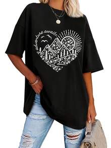 Camiseta de manga corta con estampado floral de corazones y cuello redondo, talla grande, para el verano. - Negro - Ver 7