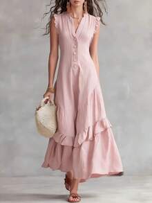 Vestido sin mangas de algodón y lino estilo minimalista elegante nueva temporada moda europea para mujer - Rosa - Ver 1