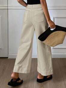 Pantalones holgados con vuelo y bolsillos para mujer, pantalones casuales de unicolor estilo callejero para otoño - Caqui - Ver 2