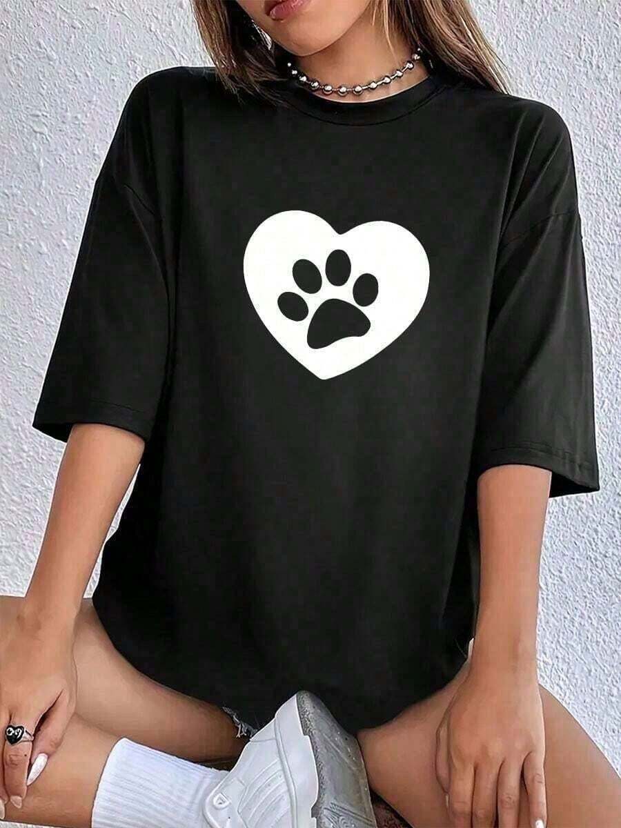 Camisetas Mujer con Estampado Huella Corazón, casual suelta cuello redondo manga corta, ideal para primavera y verano - Negro - Ver 1