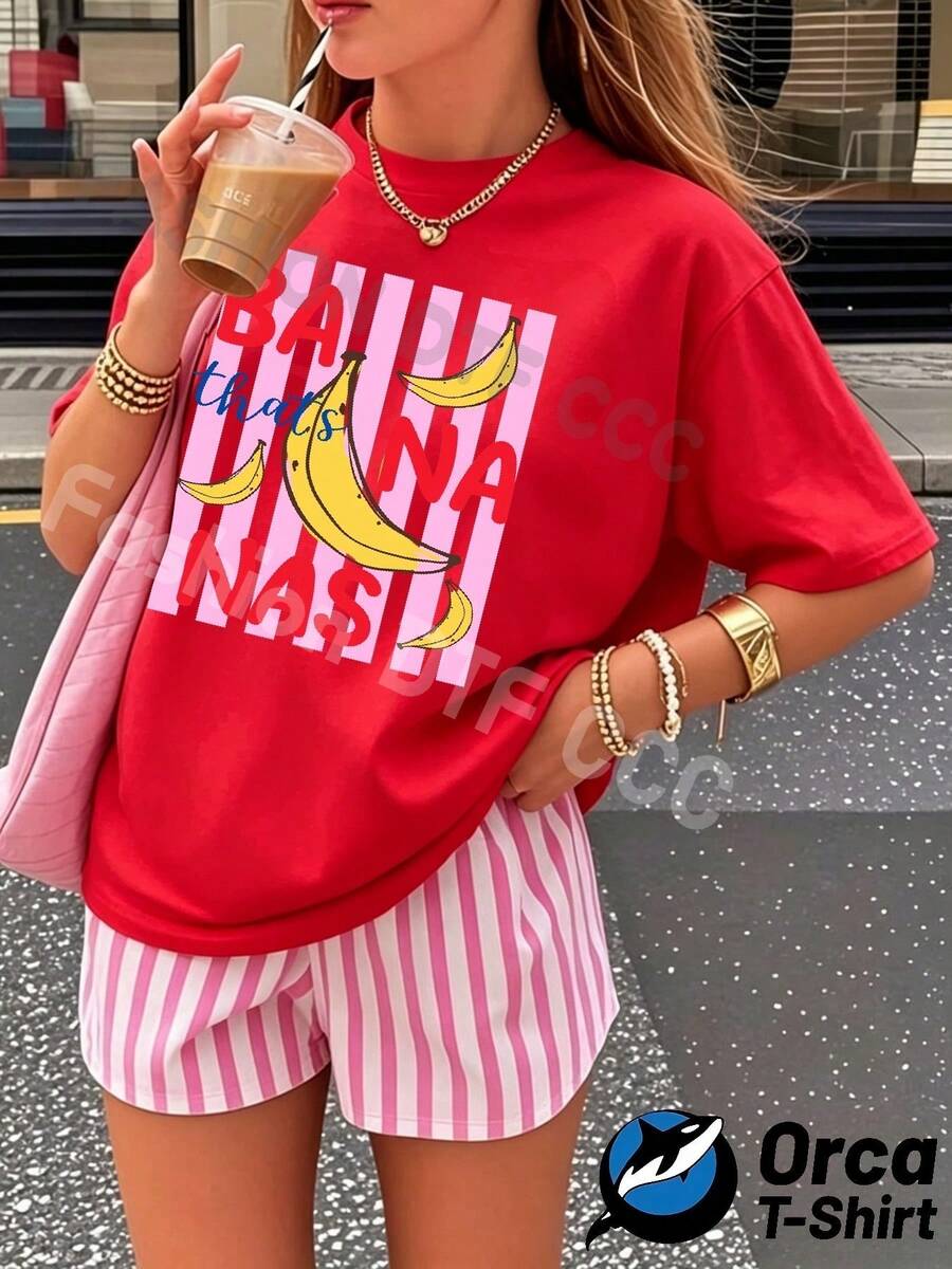 Premiumy2k Camiseta de Mujer Personalizada y a la Moda, 100% Algodón de 180g, Manga Corta Holgada, Elegancia de Estilo Urbano, Transpirable para Uso Diario Casual, Estampado Creativo para Verano, Regalo para Deportes al Aire Libre, Diseño de Plátano Rosa con Texto Divertido, Estilo Juguetón y Lindo, Adecuada para Conjuntos de Verano, Ecológica. - Rojo - Ver 1