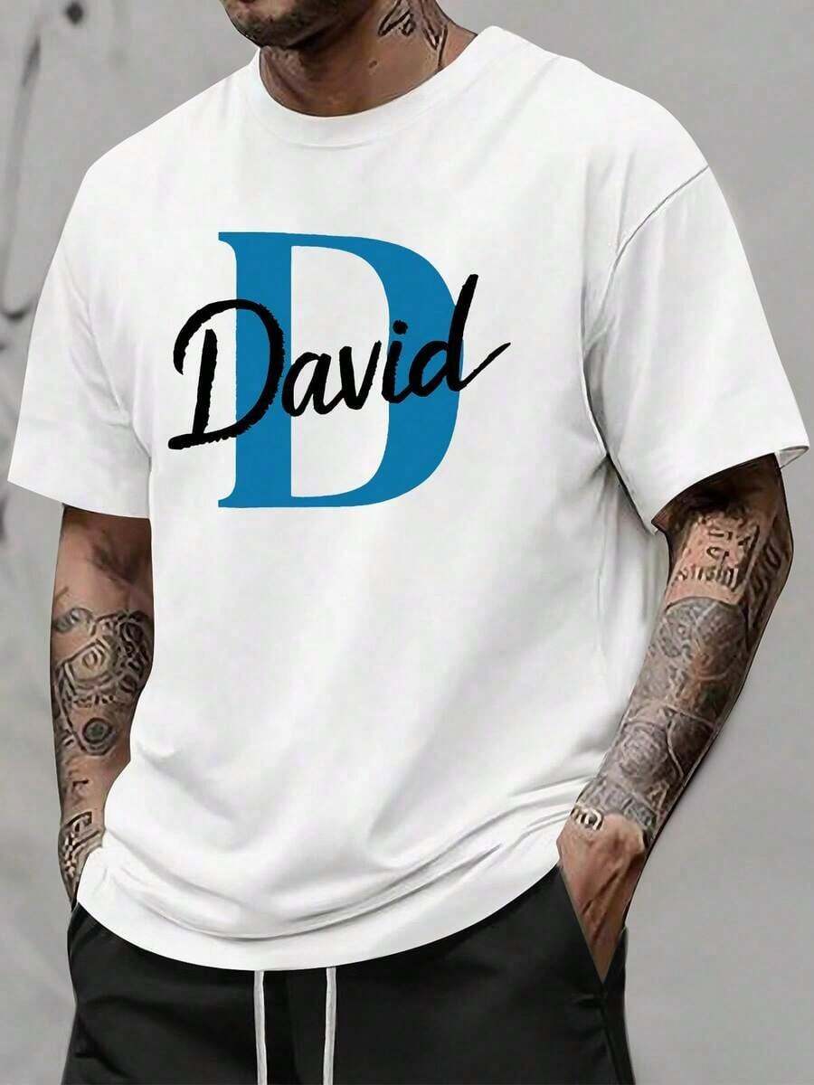 "David" Handwritten Print T-Shirt - Lightweight Cotton Blend Crew Neck Casual T-Shirt| Short Sleeves, Regular Fit, Ideal For Summer And Spring Outdoor Wear, Spring Casual Wear.| Handwritten Print T-Shirt - 白色 - 查看 1