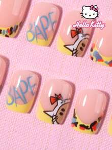 SANRIO 24片 Hello Kitty 中號方形 3D 凝膠豹紋與黃色法式美甲指甲貼，包含粉色 Hello Kitty、蝴蝶結、星星與愛心裝飾，適合女孩日常生活與派對使用，附 1 瓶膠水與 1 個指甲锉 - 彩色 - 查看 4