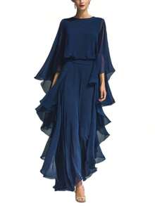Women's Navy Blue Chiffon Jumpsuit, Formal Jumpsuit With Ruffles And Wide Leg, Elegant Party Outfit 2026 - 深藍色 - 查看 5