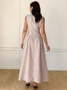 Vestido elegante sin mangas con decoración de sol de metal con estampado de lunares para mujer - Albaricoque - Ver 7