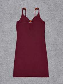 Elegant Wine Red Knit Texture Spaghetti Strap Mini Dress, Deep V-Neck Hollow-Out Design With Wooden Bead Decor, Fitted Silhouette, Suitable For Summer Beach, Date Night, Party And Other Occasions - Burgundy - View 6