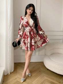 YHHCelisse Vestido corto elegante de mujer con estampado floral y mangas farolYHH - Burdeos - Ver 6