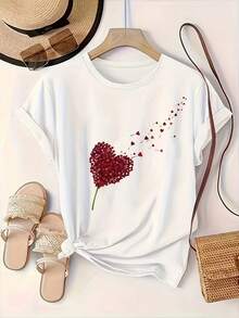 Camiseta Oversize de Manga Corta para Mujer - Estampado de Globo de Corazón y Corazón Rojo, Cuello Redondo, Blusa Casual de Verano, Top Holgado Lavable a Máquina para Estilo Casual y Resort, Tejido Cómodo y Elástico - Blanco - Ver 2