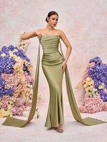 Belle Elegante vestido de dama de honor de novia ajustado con escote corazón y volantes, color verde romántico trenzado mate - Verde - Ver 8