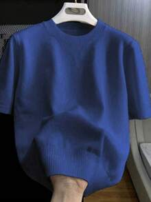 Men's Casual Versatile Solid Color Short Sleeve Knit Top, Suitable For Daily Wear And Commuting - Blue - View 3