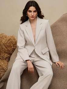 Conjunto de traje de mujer, blazer de unicolor estilo vintage + pantalones rectos, 2 piezas - Beis - Ver 6