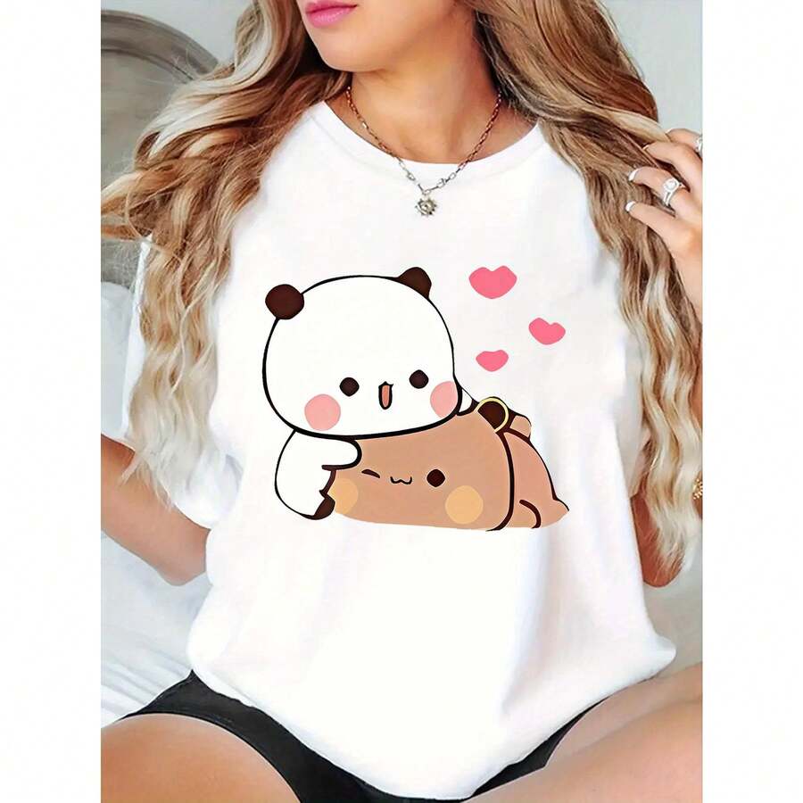 Camiseta de manga corta informal para mujer de talla grande con abrazando gráfico de panda y oso, estampado de corazones rosas, tela suave y elástica, cuello redondo, lavable a máquina, cómoda camiseta para todas las estaciones, - Blanco - Ver 1