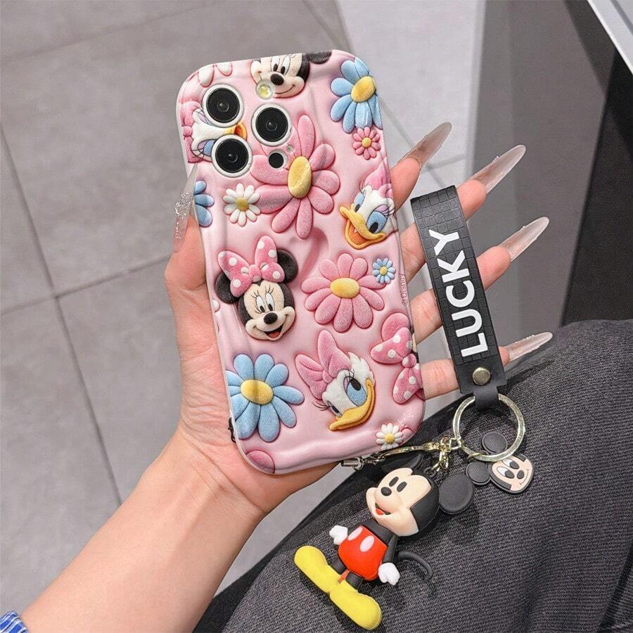 Disney Mickey Mouse Clubhouse Phone Case : 3D Fluffy Pattern Border Protector Phone Soft Phone Case With A Free Cute Mickey Bracelet Chain Lanyard, Mickey, Minnie, Goofy, Donald Duck, Daisy Duck, Pluto, For Apple 17 Promax 17 Pro 16 15 14 13 12 11 Pro Max XS Max X XR Soft Cover Summer Phone Case - trắng - Xem 1