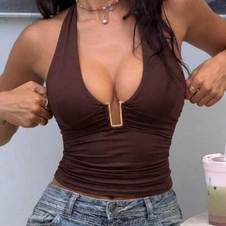 Women's Summer Vacation Solid Color Halter Neck Ruched Fitted Camisole Casual White - Café integral - Ver 1