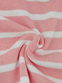 Collegiate Style Pink Striped Knit Short Sleeve V-Neck Pullover Sweater, Summer, Medium Stretch, Drop Shoulder Design, Regular Length - Pink - View 6