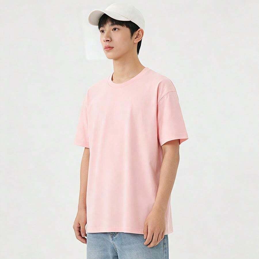 220g 厚手コットン半袖 T シャツ メンズ夏高品質ゆったりシルエット カジュアル万能トップス - ピンク - チェックする 1
