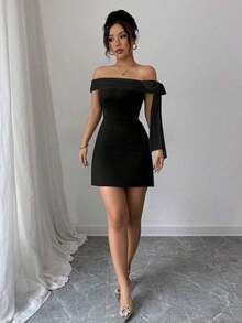 1 pieza Vestido largo elegante de hombros descubiertos para mujer, negro - Negro 3 - Ver 5