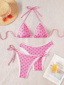 Swim Vcay Summer Geometric Floral Print Halter Bikini Set, Knit Fabric, Sexy Backless Bikini Set For Vacation, Parties, Beach, Pool, New Year, Christmas, Elegant - 羅莎 - 查看 6