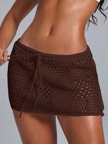 Swim Lushoire Falda pareo con dobladillo ondulado para la playa, con patrón geométrico perforado y floral - Café integral - Ver 3