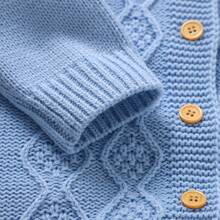 1pc Baby Knitted Long Sleeve Jumpsuit, Baby Boy Peter Pan Collar Cable Knit Jumpsuit, Unisex Baby Simple Versatile Outing Jumpsuit Crawler, Front Button Design Easy Diaper Change, Soft And Skin-Friendly - Blue - View 5