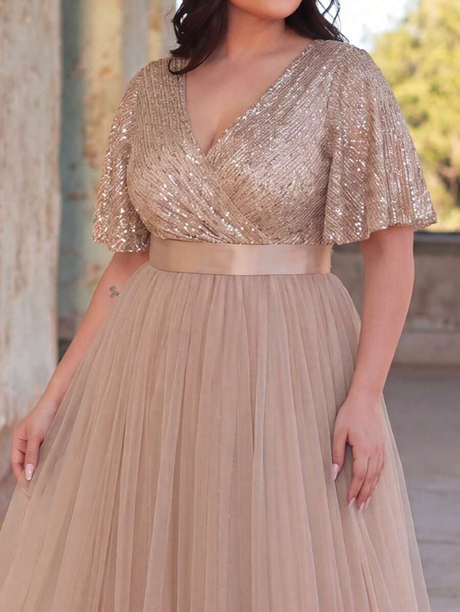 Faeriesty Plus Size Women's V-Neck Chiffon A-Line Evening Dress, Ruffle Sleeve Design Fall Elegant Party Wedding