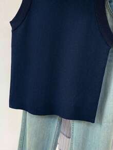 Top de punto de cuello redondo en color sólido para mujer de , minimalista y versátil, para verano. - azul real - Ver 5