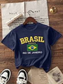 Camiseta de manga corta informal de verano para mujer con estampado de la bandera de Río de Janeiro, Brasil, de corte holgado y cuello redondo. - Azul Marino - Ver 3