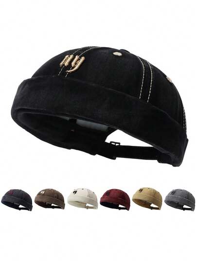1 Pc "Ny" Embroidered Vintage Washed Brimless Docker Cap For Men & Women, Retro Adjustable Cotton Miki Hat With Rolled Cuff, Streetwear Skullcap For Daily Wear, Hip Hop & Casual Outings, Ideal Gift For Christmas & Birthday