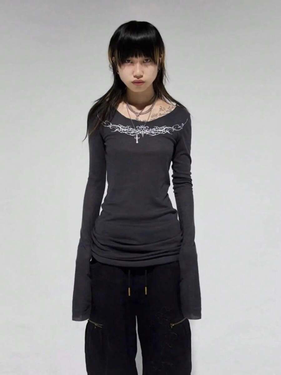 Seeslim Gothic Graphic T Shirts Women Long Sleeve Korean Fashion 2000s Clothes Y2k Slim Spring Autumn Tops Tees Female Clothing - 深灰色 - 查看 1